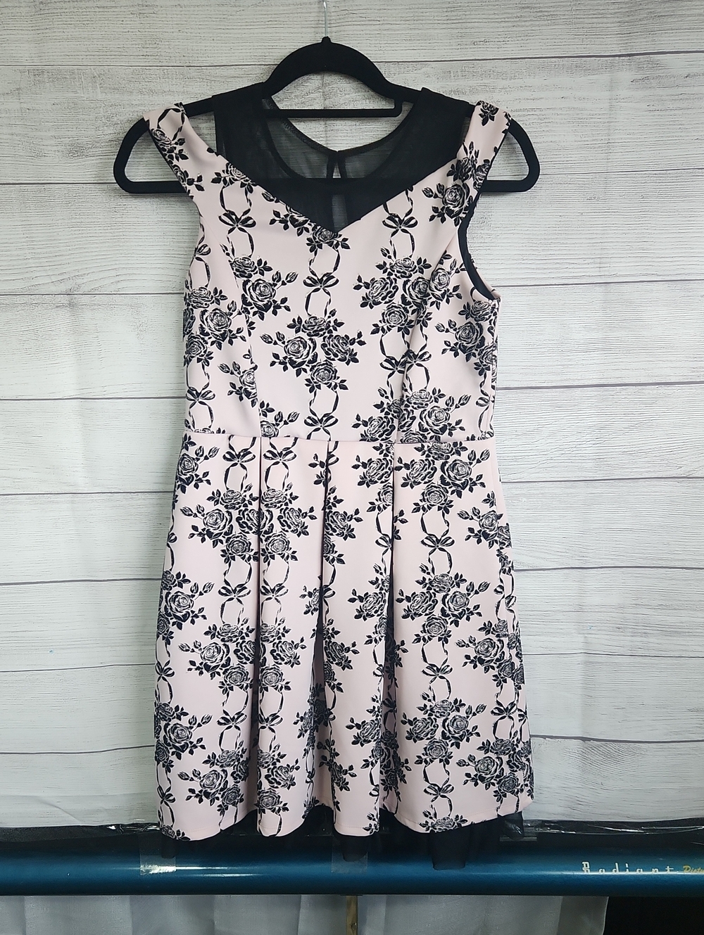 Knitworks Blush Pink Dress with Black Floral Print and Sheer Yoke